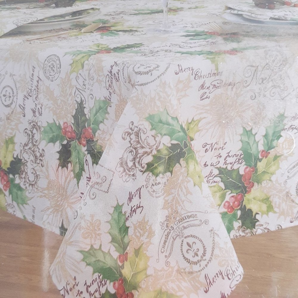 Damask Fabric Tablecloth Holiday Holly Leaves Berries 60x102 A Merry Christmas